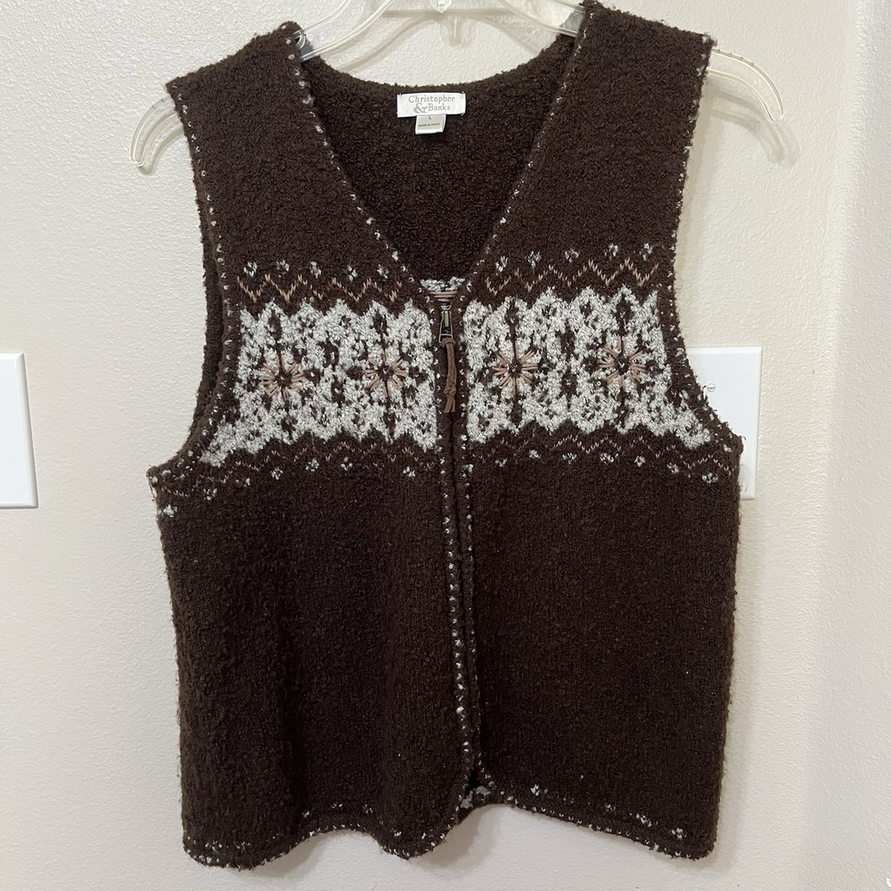 Christopher & Banks Vintage Women's Sweater Vest Sz Large Brown Fuzzy Zip Front